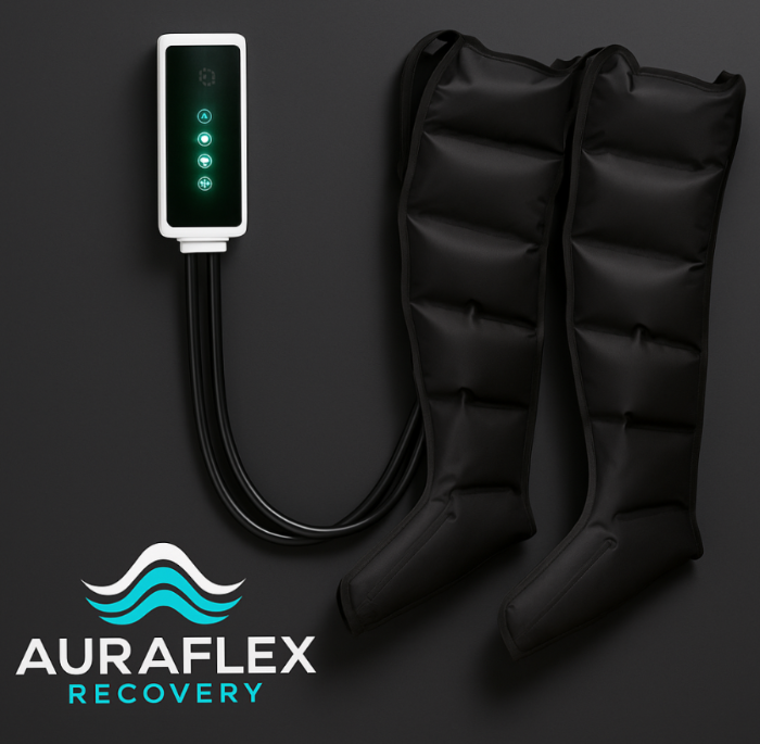 Black compression leg sleeves with digital controller on a dark background, featuring the Auraflex Recovery logo.